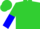 Lime, blue and black belt, black band on lime and blue halved sleeves, lime cap