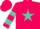 Hot pink, black 'kl' on turquoise star, turquoise bars on sleeves, hot pink cap