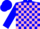 Blue and pink blocks, pink bars on blue sleeves, blue cap