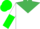 White, emerald green yoke, collar, and 'cjg', white and green vertical halved sleeves, green cap