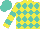 Yellow and turquoise diamonds, yellow sleeves, two turquoise hoops, turquoise cap