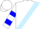 White, light blue sash, two blue hoops on sleeves, white cap, blue pompon