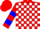 Red and white blocks, white sleeves, blue hoop, red cap, white visor, blue button