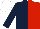 Dark blue and red (halved), dark blue sleeves, white cap