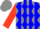 Grey, blue diamonds, grey and blue stripes on scarlet sleeves, grey cap