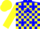 Blue and yellow blocks, blue stars on blue and yellow sleeves, blue and yellow cap