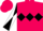 Hot pink, black diamond belt, black and white diagonally quartered sleeves, hot pink cap