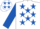 White, royal blue stars, royal blue sleeves, white cap, royal blue stars
