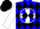 Blue, white cross and circle, black diamonds on white sleeves, blue, white and black cap