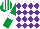 White & purple diamonds, emerald green sleeves, white armlet, emerald green & white striped cap