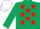Dark green body, red stars, dark green arms, white cap