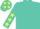 Turquoise, yellow lightning bolt, yellow stars on sleeves, turquoise cap, yellow stars