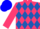 Cerise and royal blue diamonds, cerise sleeves, two blue hoops, cerise and blue cap