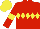 Red, yellow diamond hoop, yellow hoop on sleeves, yellow cap