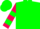 Kelly green, two hot pink horseshoes, pink sleeves, green hoop, pink and green stripes on cap