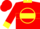 Red, yellow circle hoop, black arrow g, front & back, yellow collar & cuffs