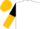 White, gold lightning bolt, black and gold halved sleeves, black and gold cap, white visor