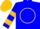 Midnight blue, white circle, metallic gold emblem, white sleeves, gold hoop, blue and gold cap