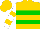Gold, two green hoops, white sleeves, two gold hoops