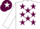 White, maroon stars, white sleeves, maroon cap, white star