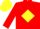 Red, yellow diamond belt, yellow band on sleeves, yellow cap