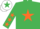 Emerald green, orange star, orange stars on sleeves, white cap, em green star