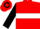 Red, black brand emblem on back, white hoop on black sleeves