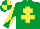 Emerald green, yellow cross of lorraine, diabolo on sleeves, quartered cap