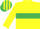 Yellow, emerald green hoop, yellow sleeves, striped cap