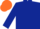 Dark blue body, dark blue arms, orange cap, dark blue hooped