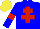 Blue body, red cross of lorraine, blue arms, red armlets, yellow cap