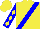 Yellow, blue sash, yellow diamonds on blue slvs