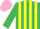 Emerald green & yellow stripes, yellow armlet, pink cap
