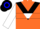 Orange, black chevron, black & blue 'tw' on back, black & white checked hoop on white sleeves