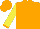 Orange, orange cuffs on yellow sleeves, orange cap