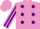 Mauve body, purple spots, mauve arms, purple striped, mauve cap, purple striped
