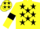 Yellow body, black stars, yellow arms, black armlets, yellow cap, black stars