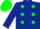 Dark blue body, green spots, dark blue arms, green cap