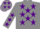 Grey body, purple stars, grey arms, purple stars, grey cap, purple stars