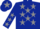 Dark blue body, grey stars, dark blue arms, grey stars, dark blue cap, grey star