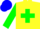 Yellow body, green cross belts, green arms, blue hooped, blue cap
