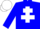 Blue body, white cross of lorraine, blue arms, white cap, blue hooped
