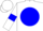 White body, blue disc, white arms, blue armlets, white cap, blue striped