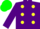 Purple body, yellow spots, purple arms, green cap