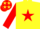 Yellow body, red star, red arms, yellow hooped, red cap, yellow stars