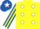 Yellow, White spots, Royal Blue and Yellow striped sleeves, Royal Blue cap, White star