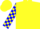 Yellow, blue 'mf' on back, yellow & blue checked sleeves
