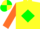Yellow body, green diamond, orange arms, orange cap, yellow quartered