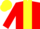 Red body, yellow stripe, red arms, yellow cap