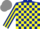 Dark Blue and Yellow check, striped sleeves, Grey cap